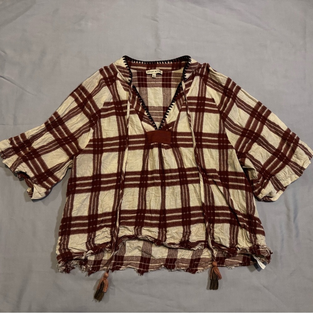 Moon River Boho Plaid Linen Blend Top – Size L